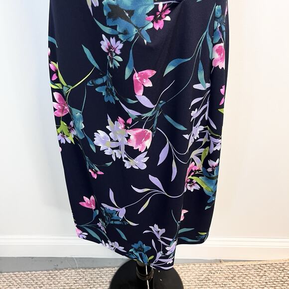 Connect Apparel Dress size 14 Navy Blue Pink Floral Stretch Knee Wedding Church - Picture 6 of 10